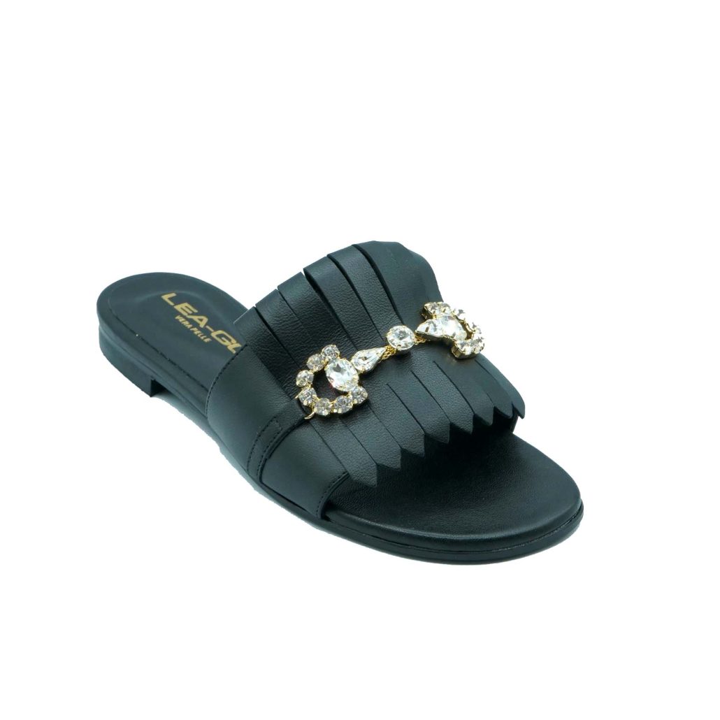 Lea Gu ciabattina in nappa, fascia con frange e accessorio frontale, tacco 10mm Grande vendita