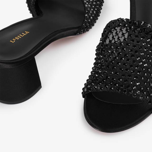 Le Silla Sandalo mule gioiello rete nero jet con Cristalli Prezzo Ridotto