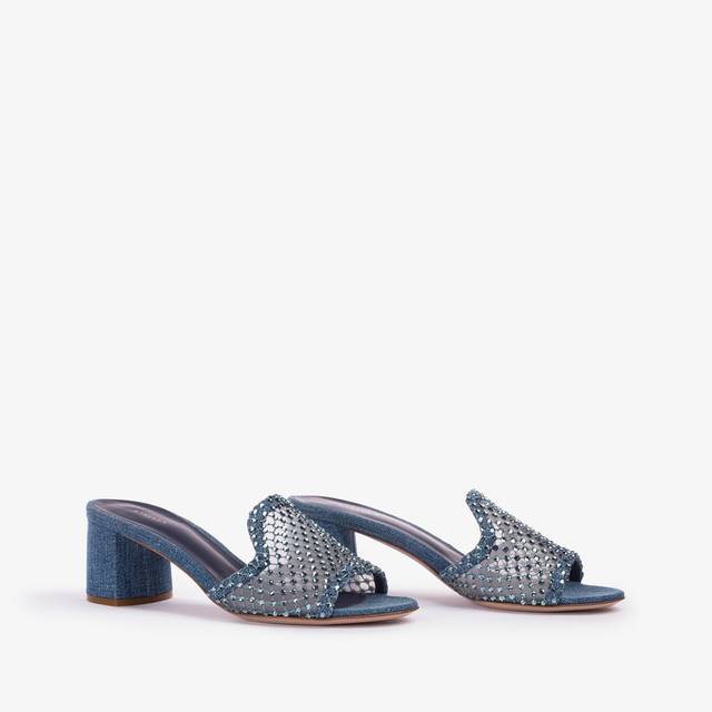 Le Silla Sandalo mule gioiello rete blu denim con Cristalli Offerte