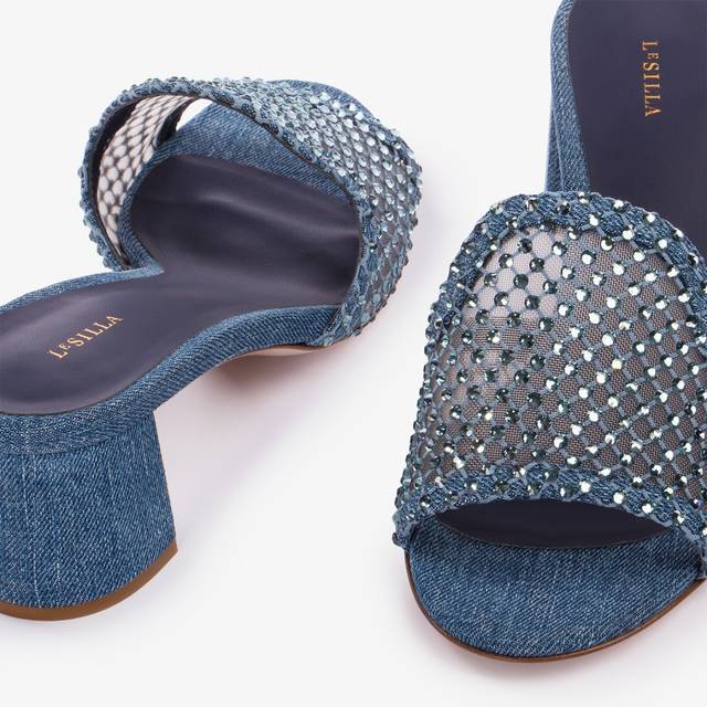 Le Silla Sandalo mule gioiello rete blu denim con Cristalli Offerte