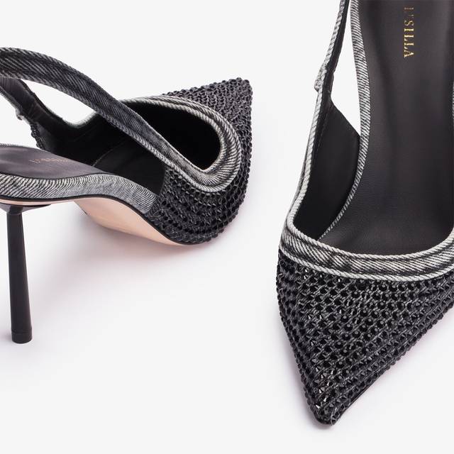 Le Silla Slingback gioiello denim nera e Cristalli Smaltimento dello stoccaggio