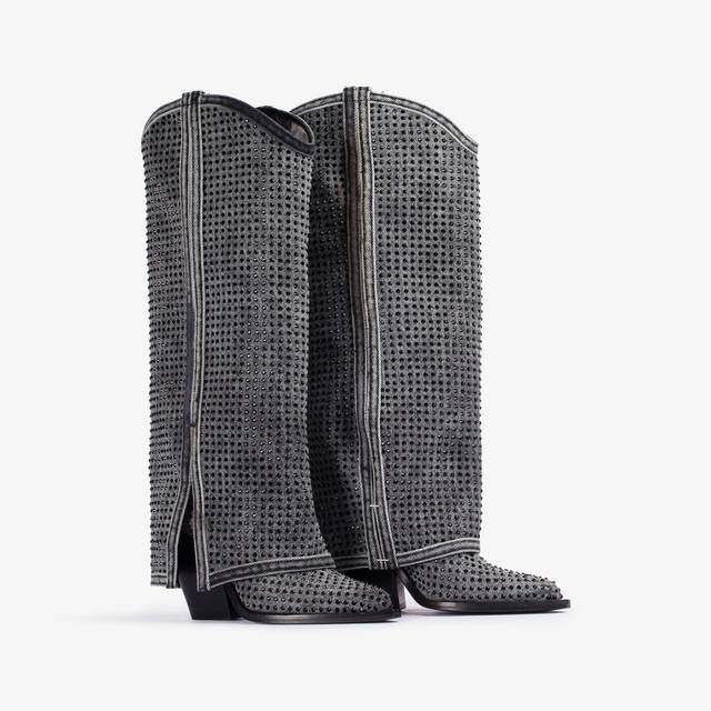 Le Silla Stivale al ginocchio con risvolto d'ispirazione Western denim e Cristalli nero jet 50% di sconto per tempo limitato
