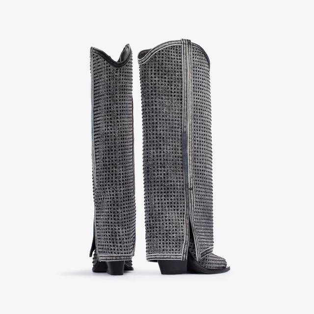 Le Silla Stivale al ginocchio con risvolto d'ispirazione Western denim e Cristalli nero jet 50% di sconto per tempo limitato