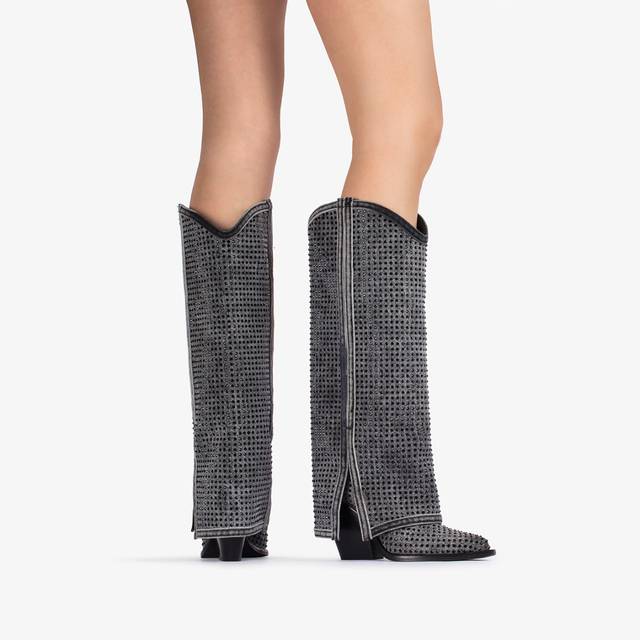 Le Silla Stivale al ginocchio con risvolto d'ispirazione Western denim e Cristalli nero jet 50% di sconto per tempo limitato