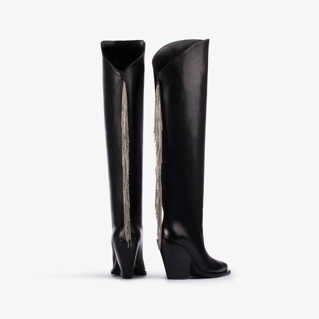 Le Silla Stivale al ginocchio d'ispirazione Western nappa nera con frange argento Sconti questo mese