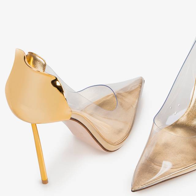 Le Silla Décolleté plexy trasparente con tacco oro 2025