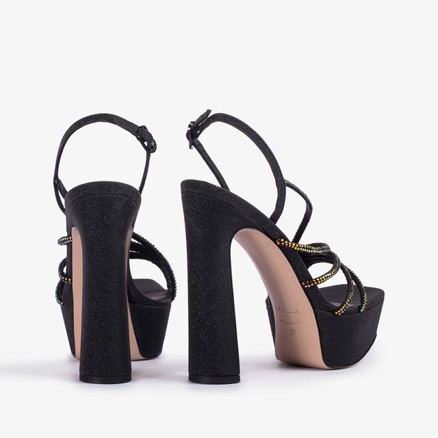 Le Silla Sandalo gioiello con plateau glitter nero con Cristalli iridescenti Moda