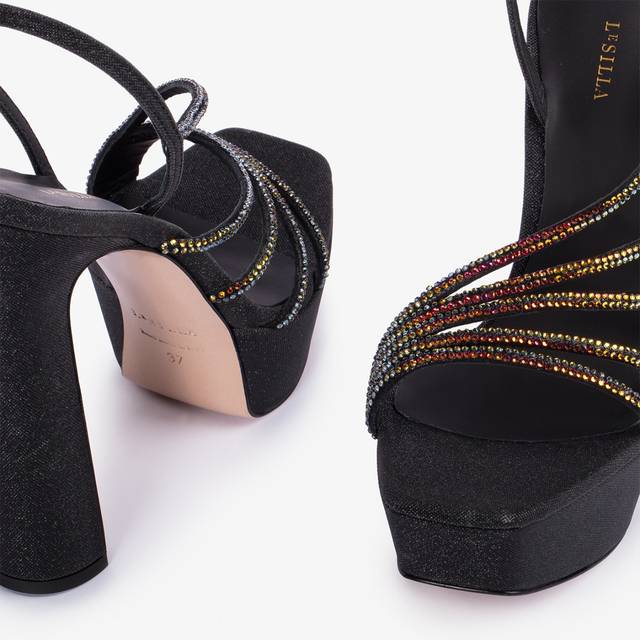Le Silla Sandalo gioiello con plateau glitter nero con Cristalli iridescenti Moda