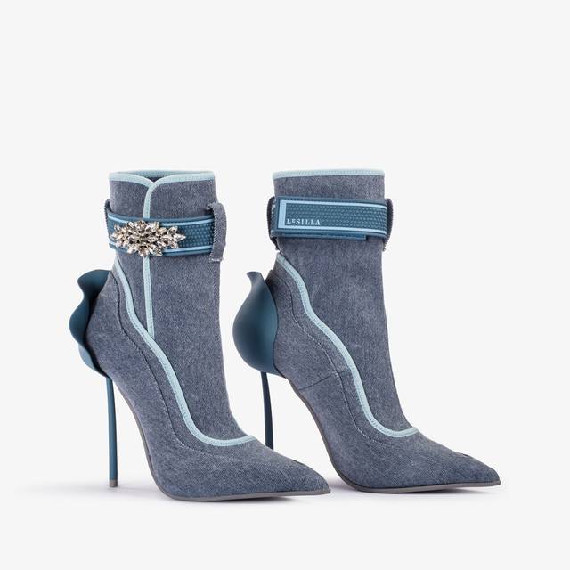 Le Silla Stivaletto denim stretch blu con Cristalli argento Fornitura limitata