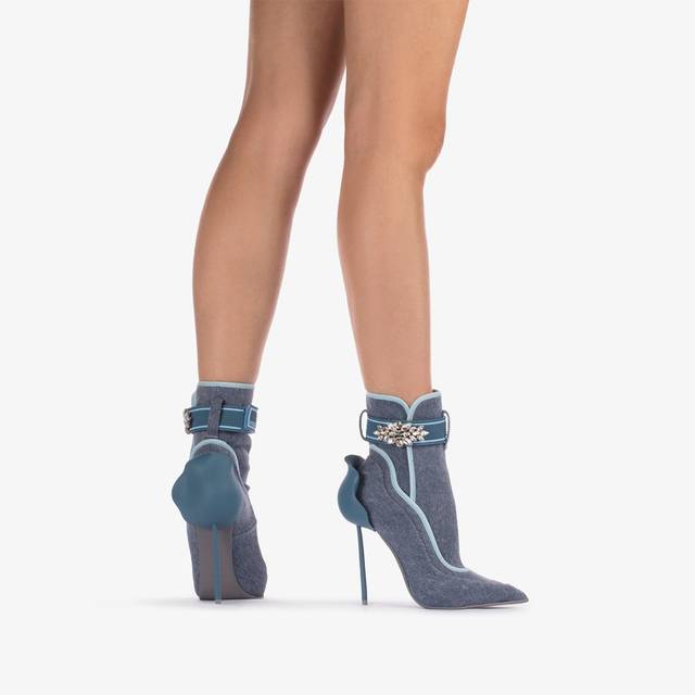 Le Silla Stivaletto denim stretch blu con Cristalli argento Fornitura limitata