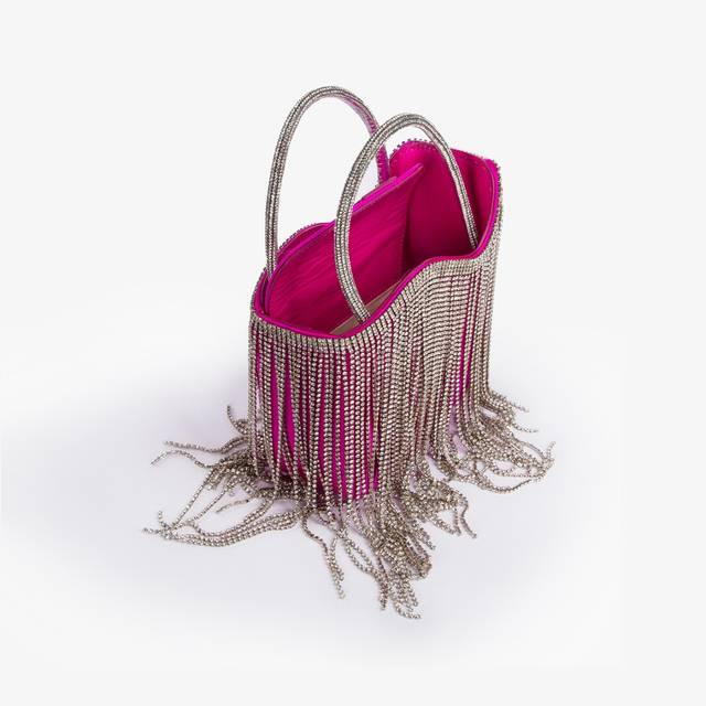 Le Silla Mini bag raso fucsia bouganville con frange argento Saldi Di Fabbrica