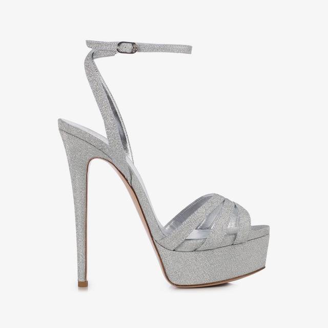 Le Silla Sandalo con plateau tessuto glitterato argento