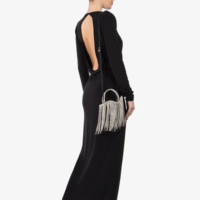 Le Silla Mini bag raso nero con frange argento Sconto di tempo limitato
