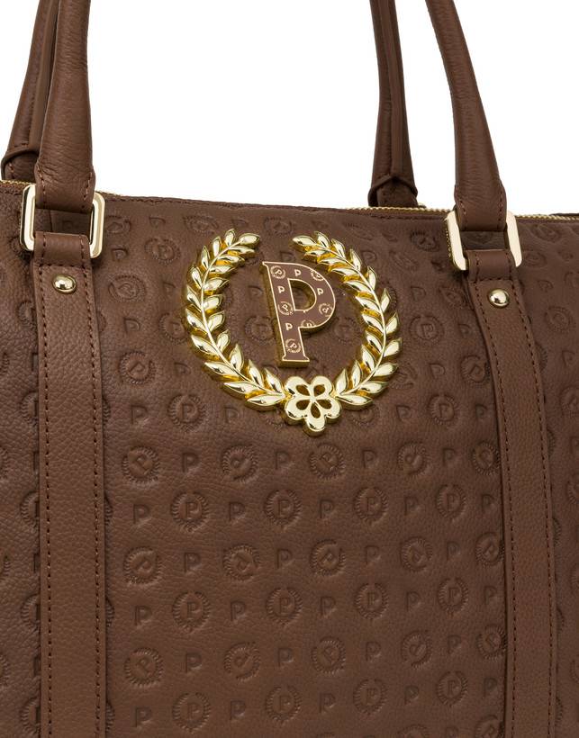 Pollini Shopping Bag Heritage Logo Embossed Marrone Sostegno trimestrale