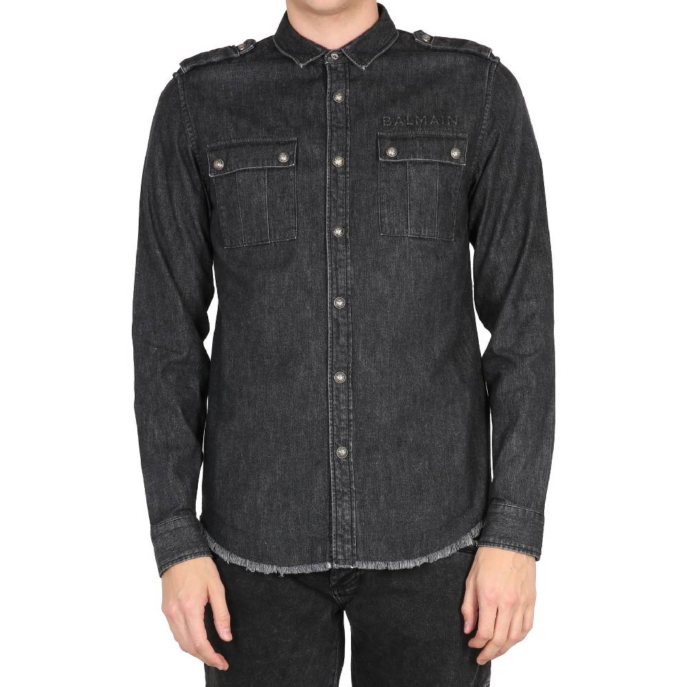 BALMAIN  Camicia Denim Nera Balmain da Uomo - 100% Cotone con Frange Super sconto